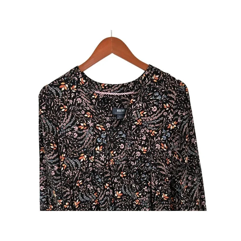 Maeve Black Floral Print Long Sleeve Mini Dress Size Med
